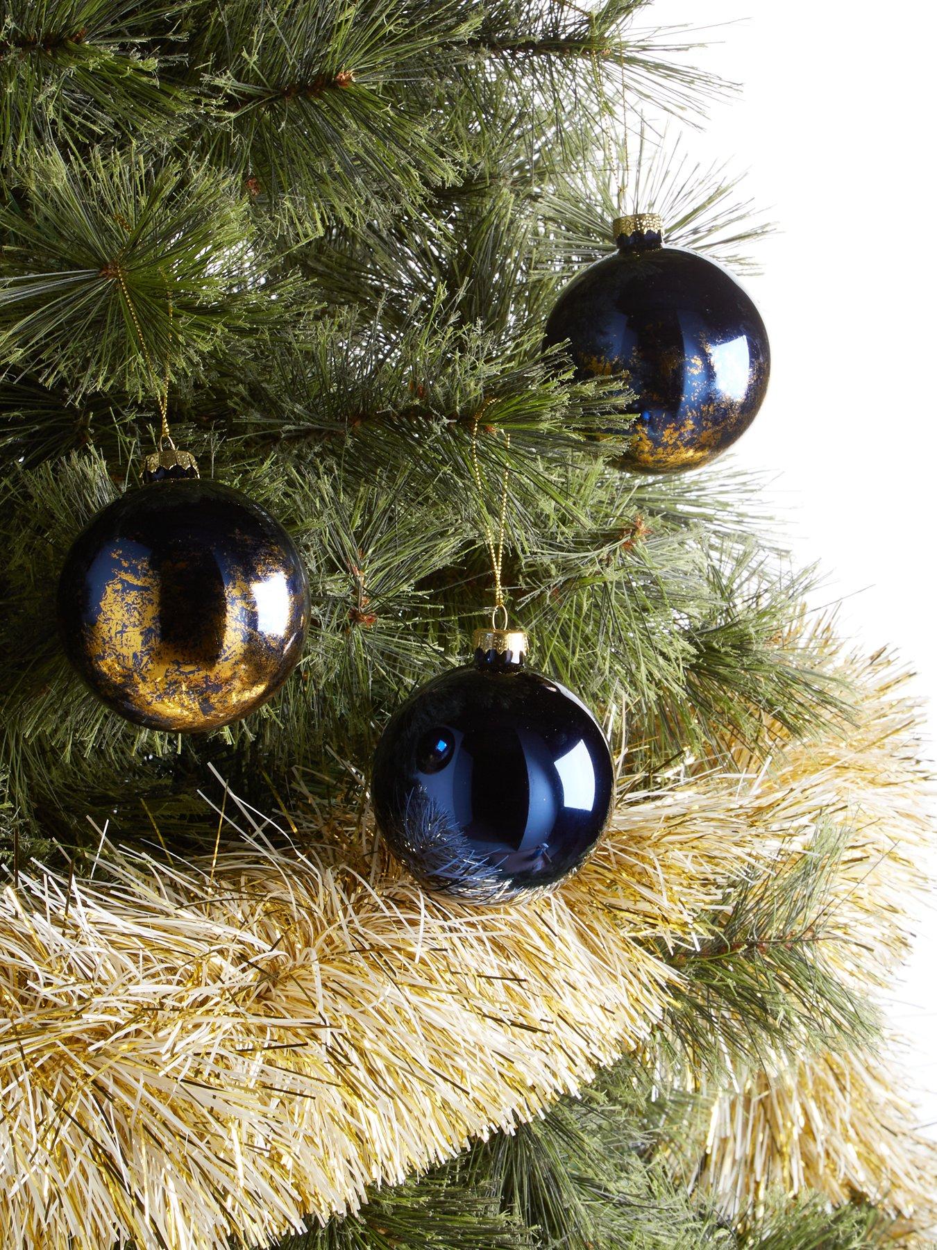 Product photograph of Festive 8 Navy Glass Baubles And Gold White Tinsel Christmas Tree Decorations from very.co.uk