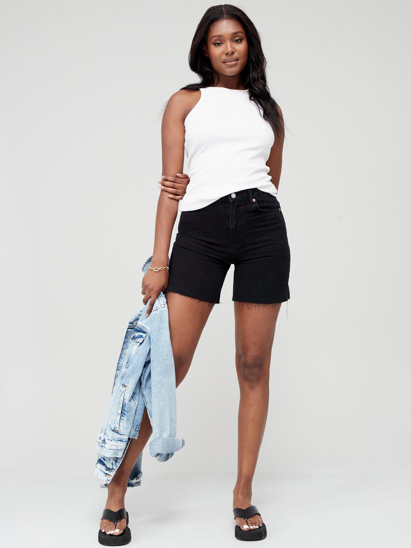 High waisted mid thigh jean shorts on sale