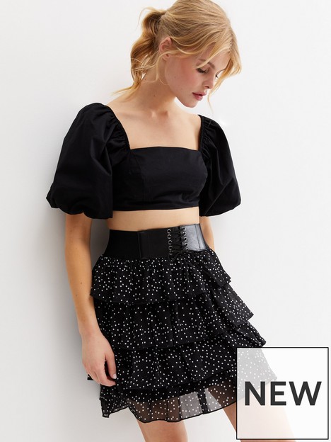 new-look-black-spot-chiffon-tiered-belted-mini-skirt
