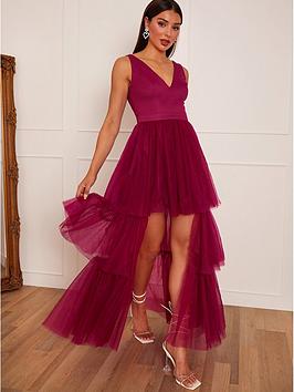 chi chi london chi chi v neck tiered tulle dip hem dress in berry