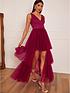  image of chi-chi-london-chi-chi-v-neck-tiered-tulle-dip-hem-dress-in-berry