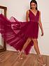  image of chi-chi-london-chi-chi-v-neck-tiered-tulle-dip-hem-dress-in-berry
