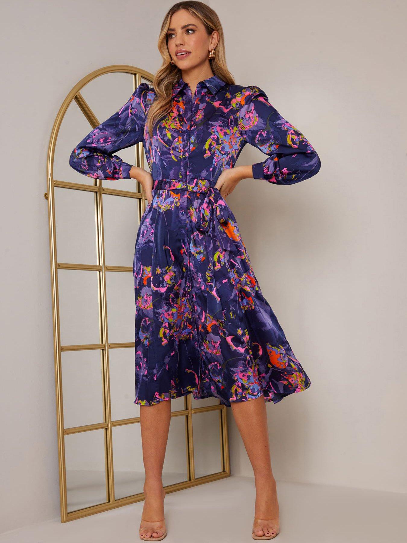 Long Sleeve Neon Abstract Shirt Dress - Navy