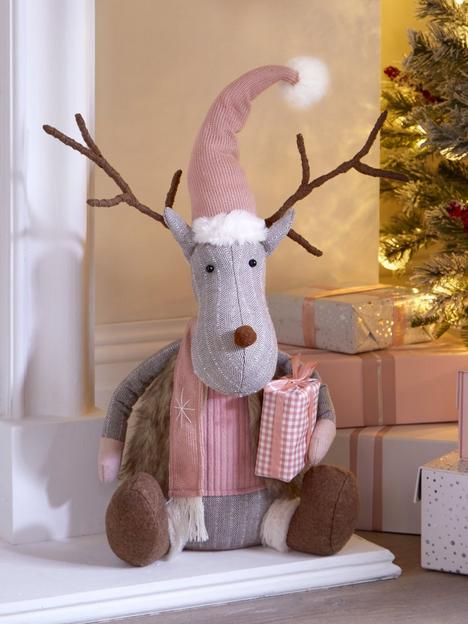 festive-63nbspcm-sitting-plush-fur-christmasnbspreindeer-with-pink-hat