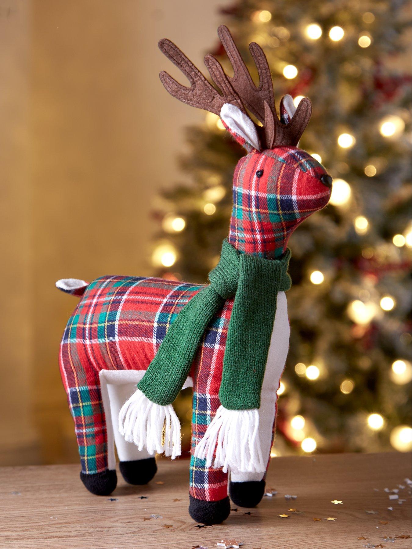 Product photograph of Festive 40 Cm Red Tartan Tabletop Standing Reindeer Christmas Decoration from very.co.uk