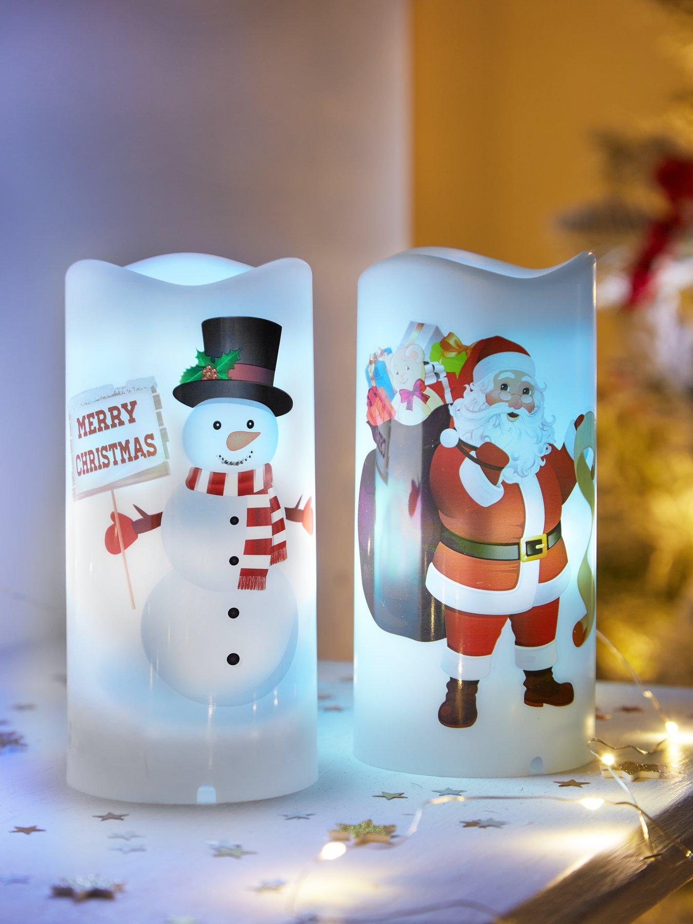 Festive 15 cm Set of 2 Santa/Snowman Christmas Projector Candles