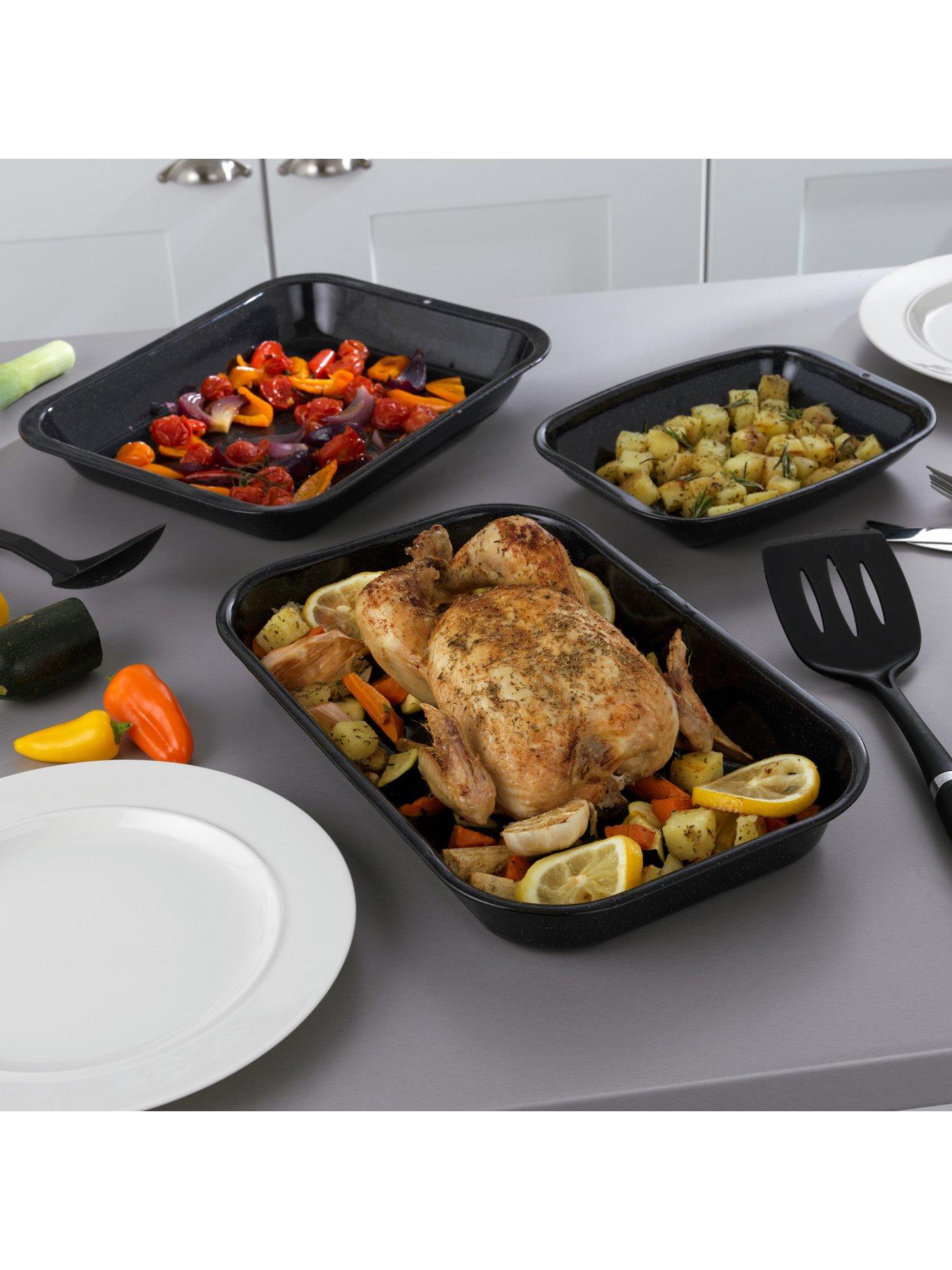 Russell Hobbs Romano Vitreous Enamel 3pc Roaster & Chop Tray Set & Self