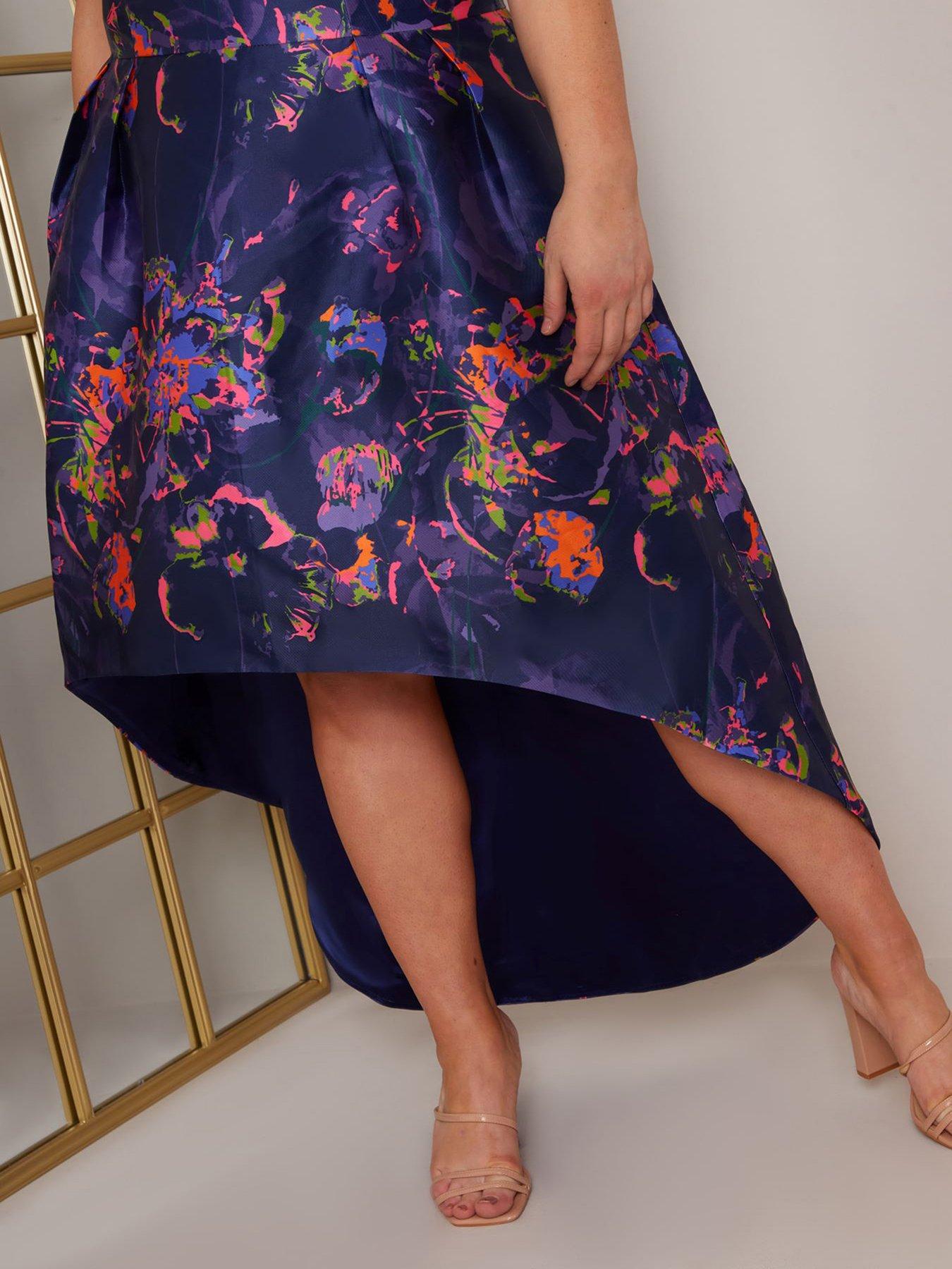 Plus Size Bardot Neon Abstract Keyhole Dip Hem Dress - Navy