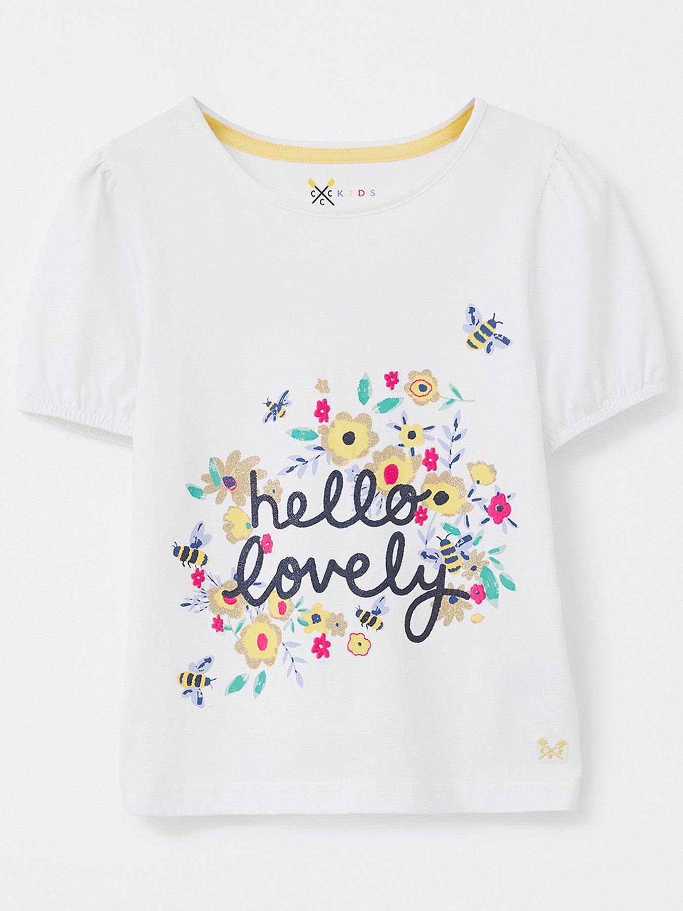 Crew Clothing Girls Volume Sleeve Hello Lovely Tshirt - White | very.co.uk