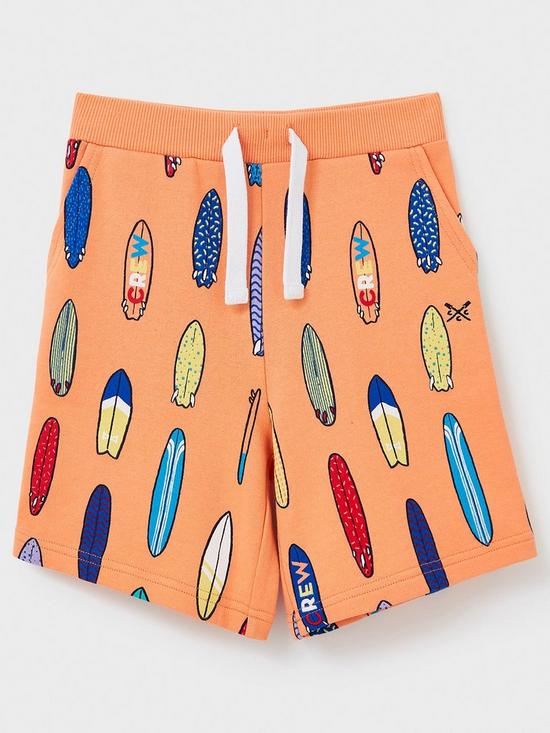 front image of crew-clothing-boys-surf-board-shorts-coral-orange