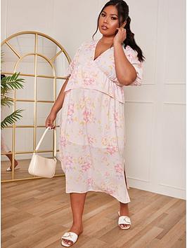 Chi Chi London Curve Curve Short Sleeve Floral Printed Midi Dress - Pink, Pink, Size 22, Women