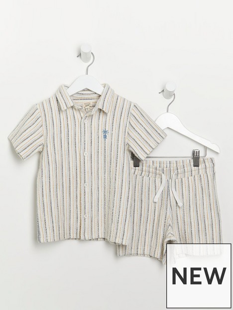 river-island-mini-mini-boys-stripe-shirt-and-short-set-stone