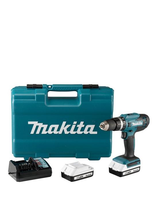 front image of makita-18v-combi-drill-with-74-piece-acs-set-2-x-20ah-batteries