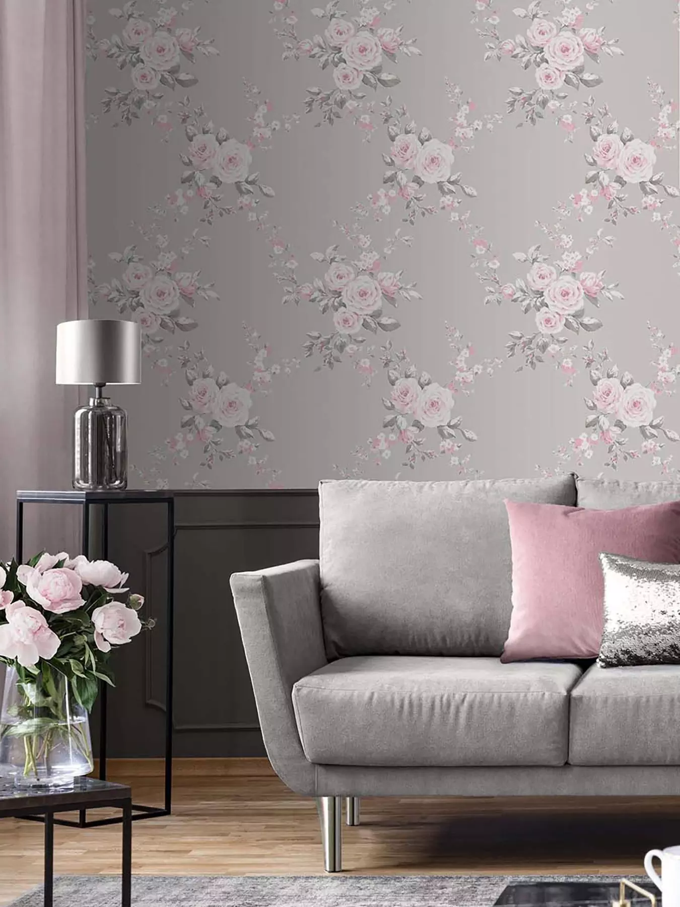 Glamour Wallpaper Floral Flower Rose Pink Grey Lilac Blush Silver Soft  Light 3D