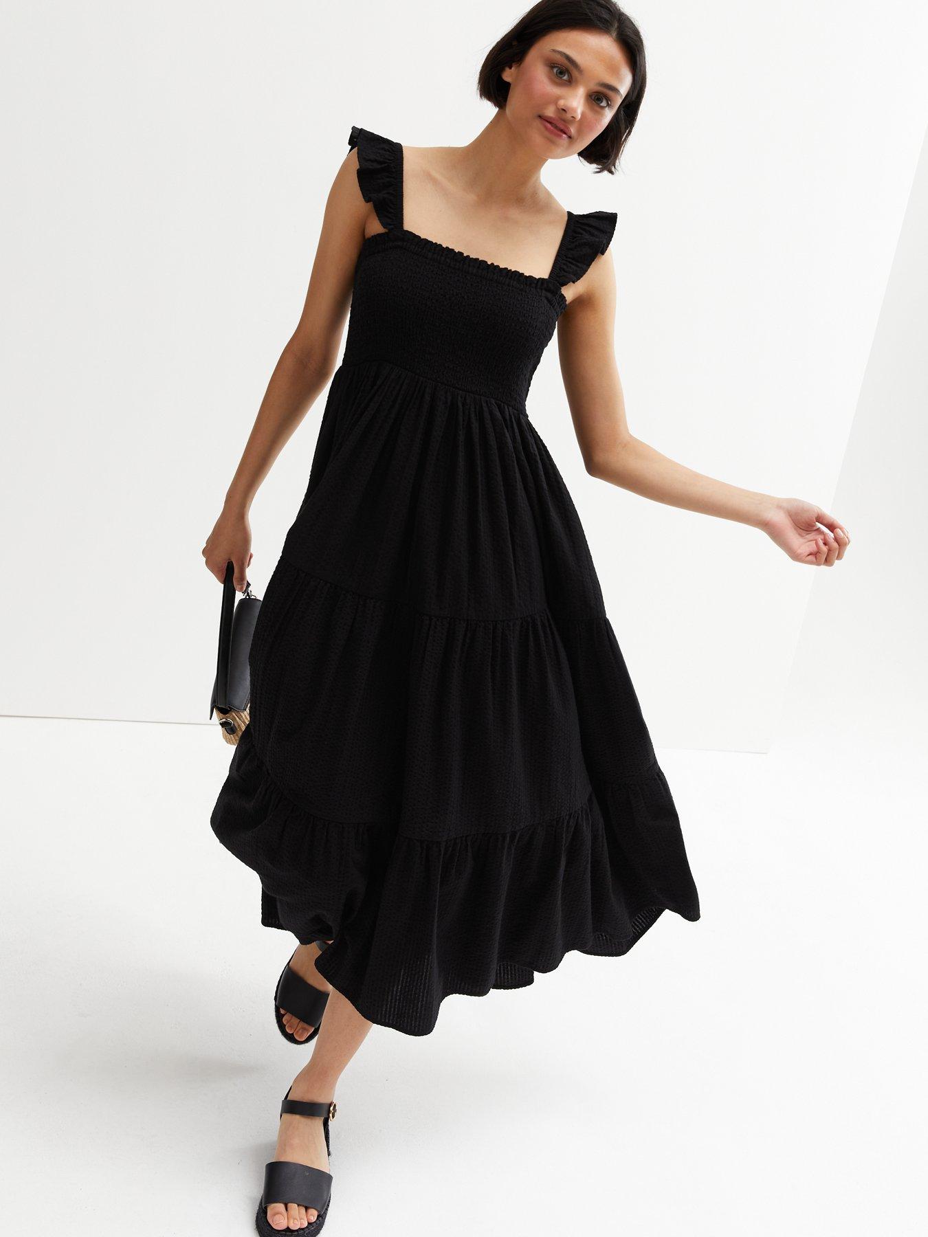 New Look Shirred Square Neck Tiered Frill Midi Dress Black Uk 9742