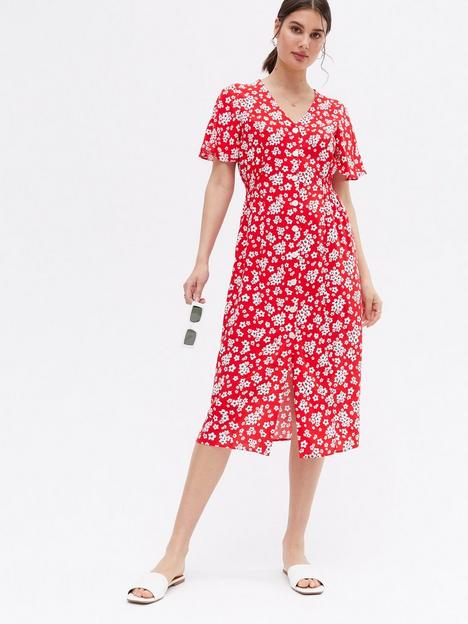 new-look-floral-flutter-sleeve-midi-shirt-dress-red