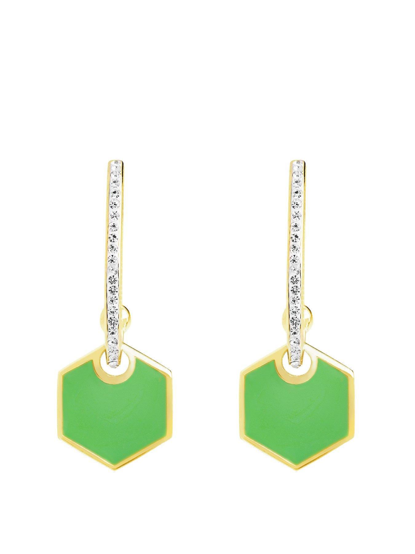 Product photograph of The Love Collection Sterling Silver Gold Plated Green Enamel Crystal Hexagon Stud Earrings from very.co.uk