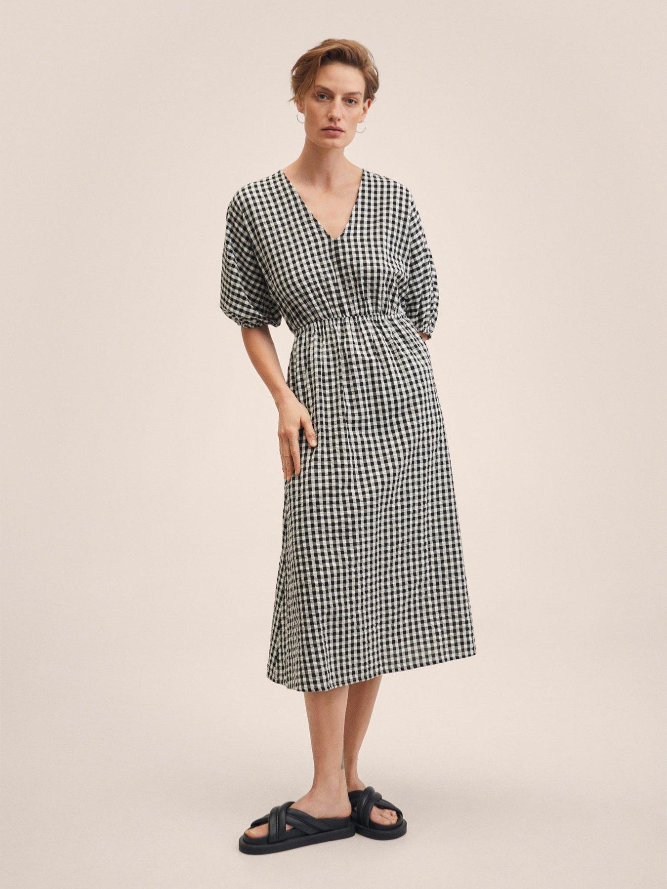 Mango Gingham Puff Sleeve Midi Dress | very.co.uk