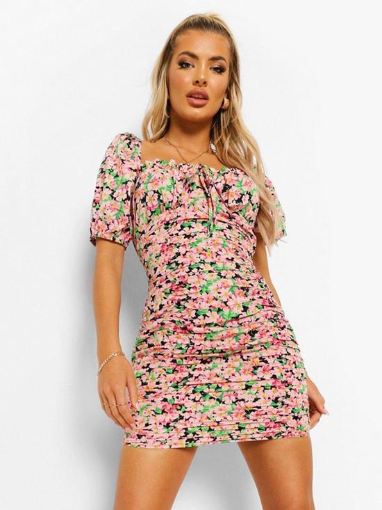 front image of boohoo-floral-ruched-front-tie-detail-mini-dress