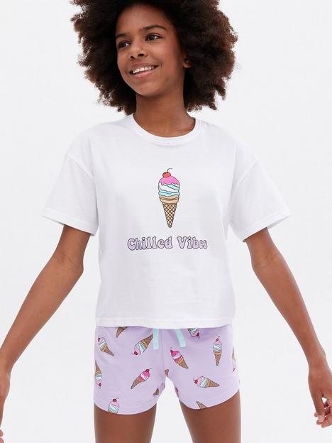new-look-915-girlsnbspshort-pyjama-set-with-ice-cream-print-whitenbsp
