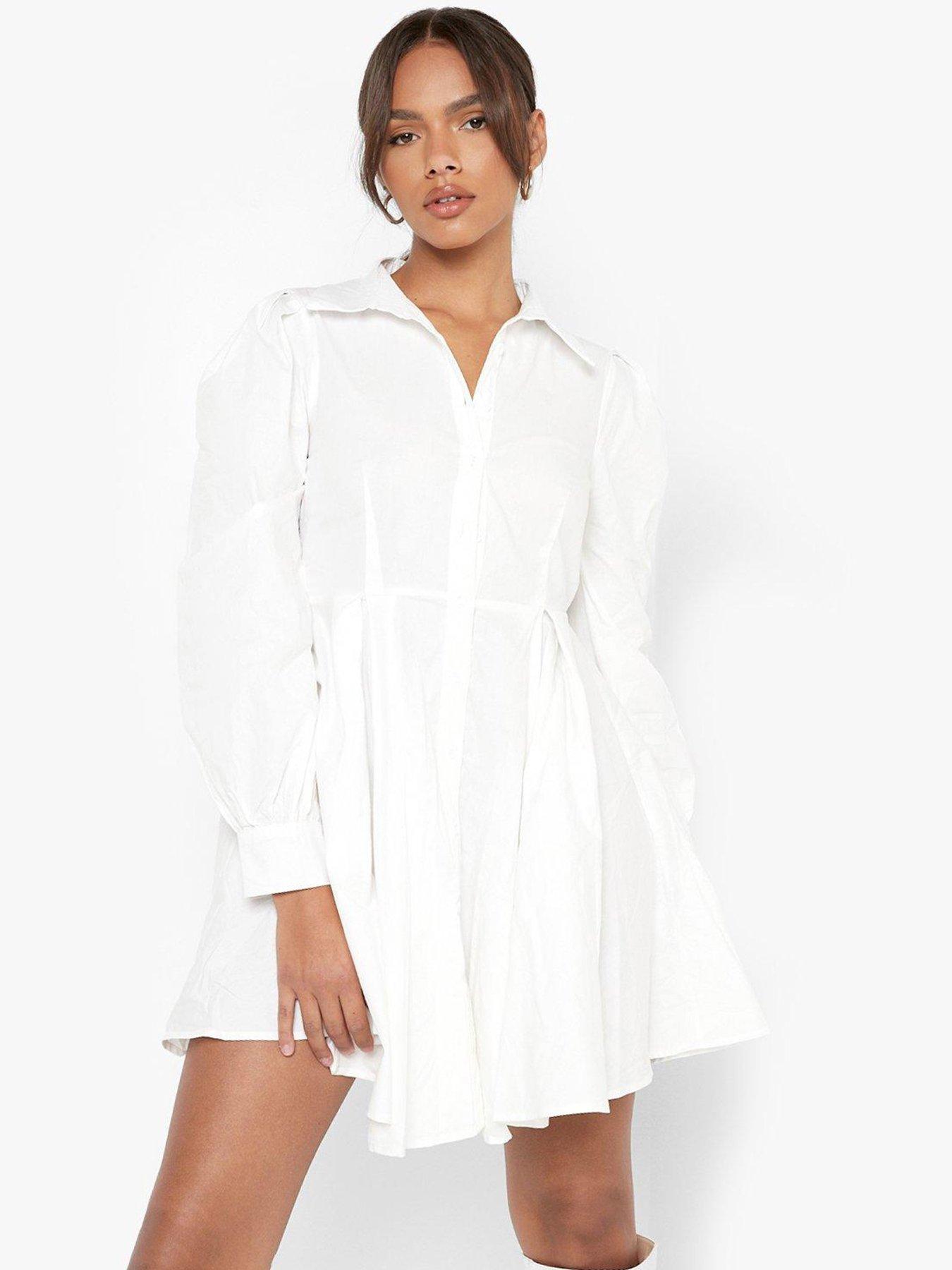 Cotton Balloon Sleeve Pleat Detail Shirt Dress - White