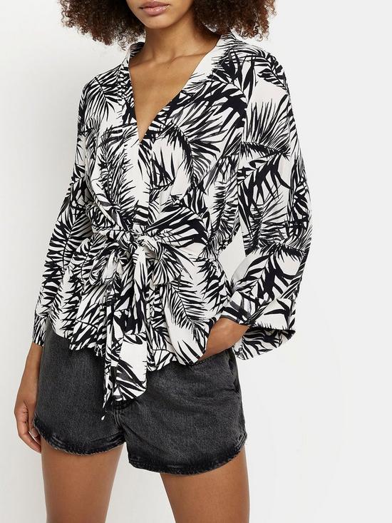front image of river-island-palm-print-tie-detail-top-black