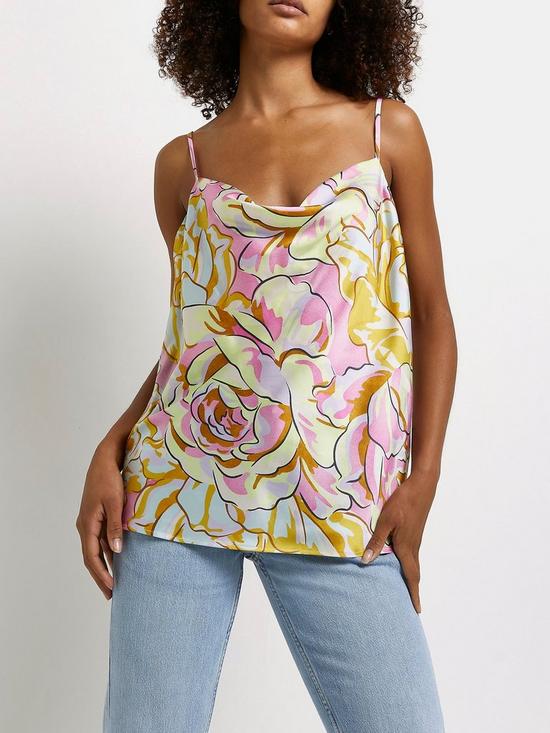 front image of river-island-floral-satinnbspcami-top-yellow