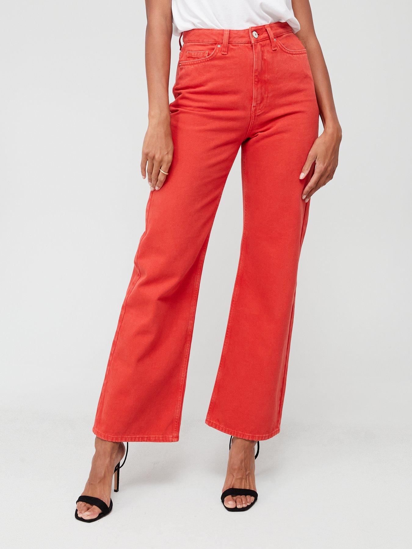 Red high store waisted flare jeans