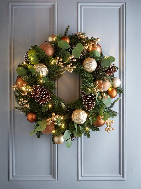 very-home-copper-and-gold-pre-lit-christmas-wreath-60-cm