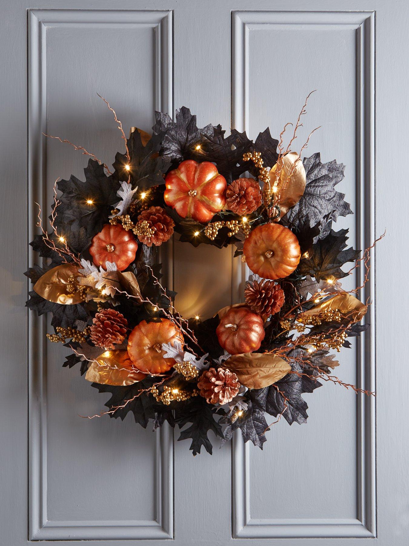 Product photograph of Very Home Autumn Pre-lit Black Leaf Wreath With Pumpkins from very.co.uk