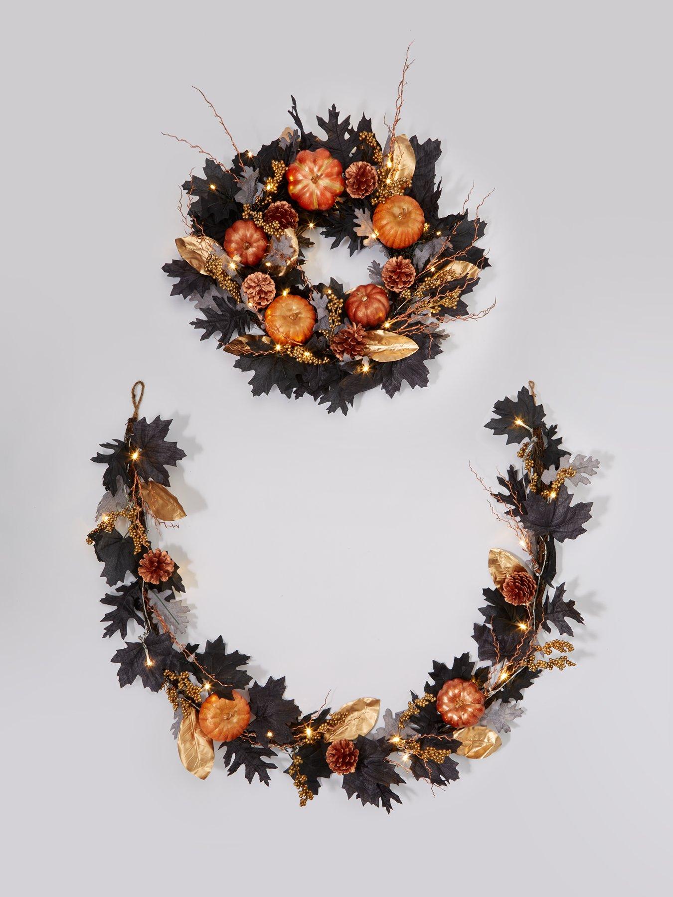 Image 3 of 6 of Very Home Autumn&nbsp;Pre-Lit Black Leaf Garland with Pumpkins (6ft)