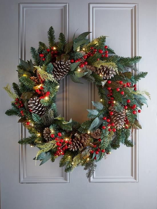 front image of very-home-pre-lit-red-berry-christmas-wreath-80-cm