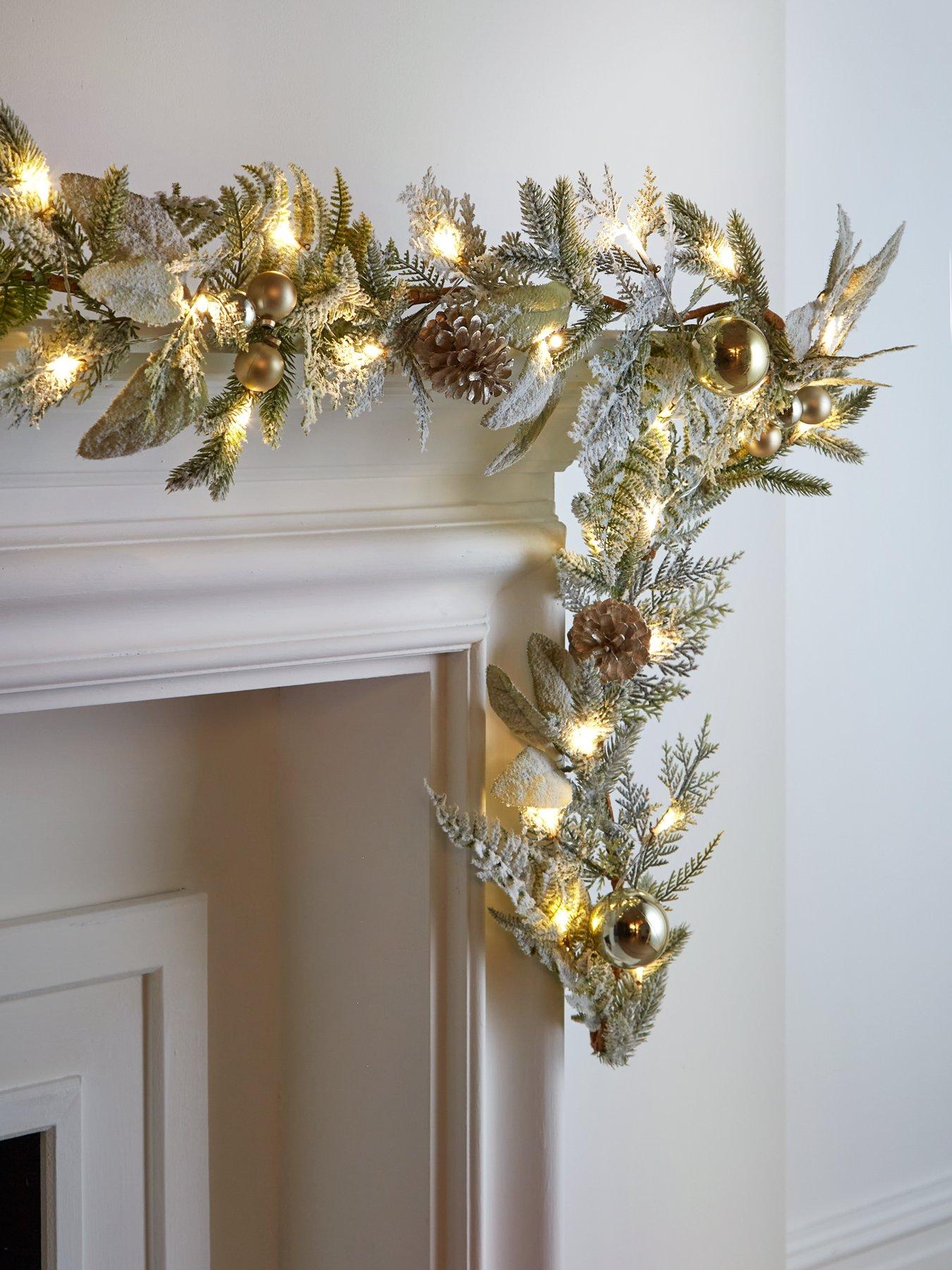 Product photograph of Very Home Frosted Pre-lit Christmas Garland With Baubles And Pinecones from very.co.uk