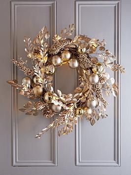 Very Home Champagne Gold Pre-Lit Christmas Wreath - 60 Cm