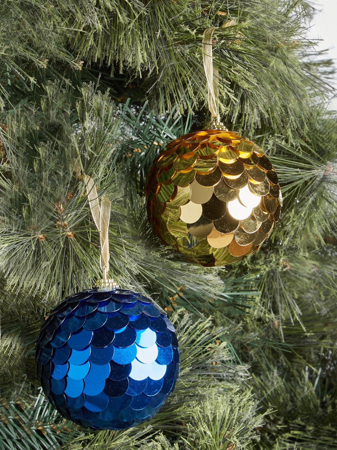 Product photograph of Set Of 6 Glam Sequin Christmas Tree Baubles - Blue And Gold from very.co.uk