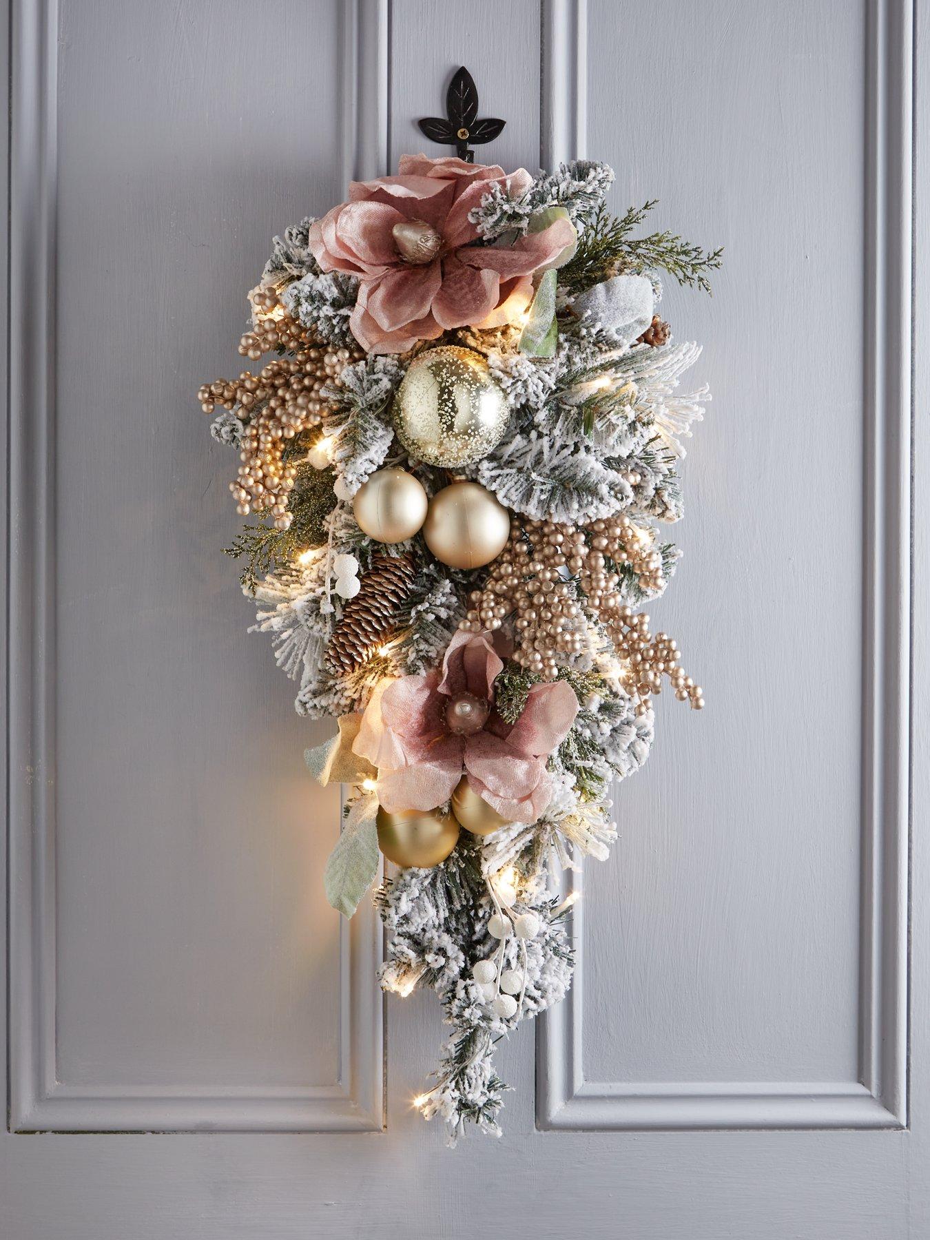 Very Home Frosted Rose PreLit Teardrop Christmas Wreath 70 x 26.7 cm