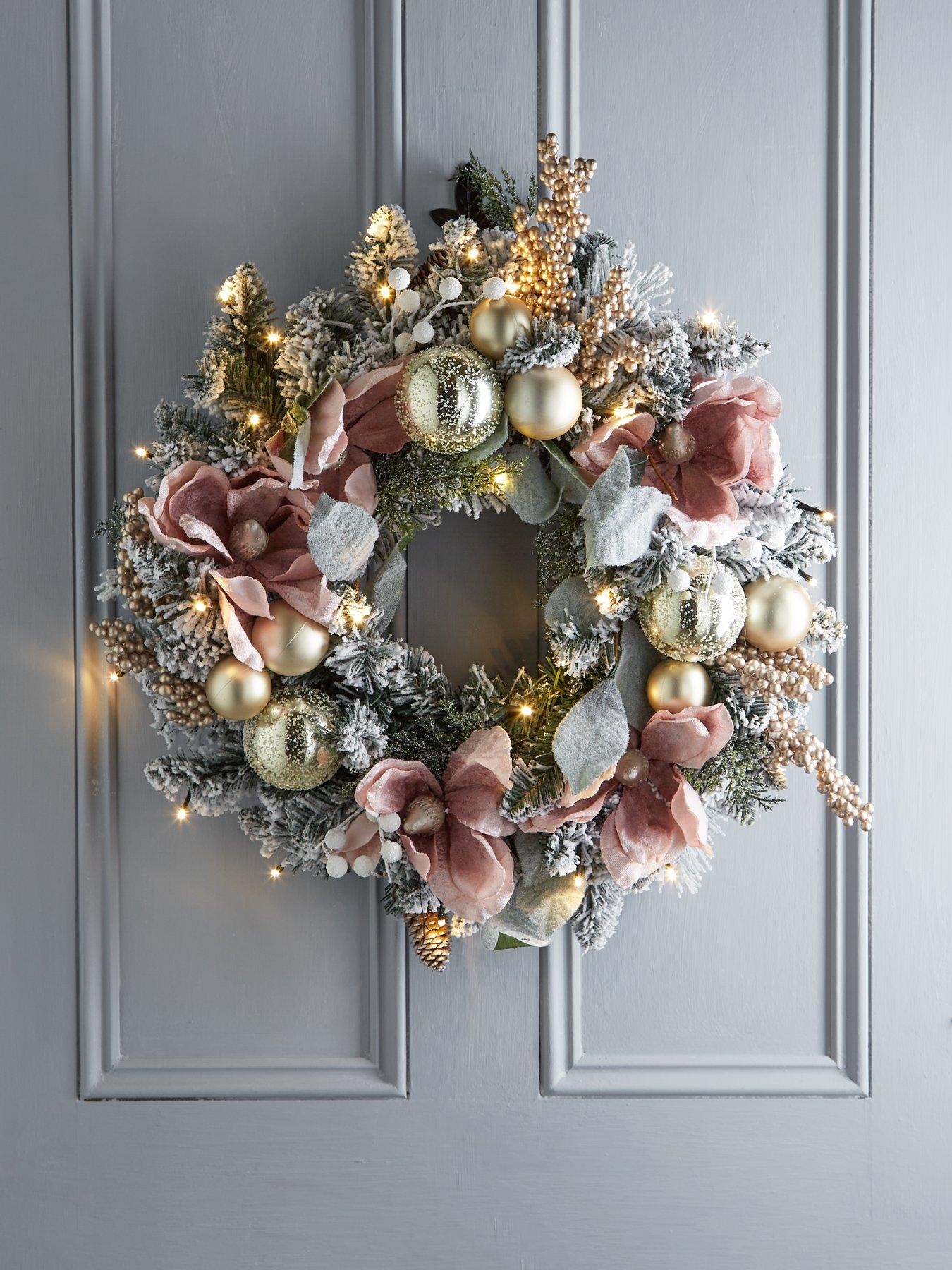 Product photograph of Very Home Frosted Rose Pre-lit Christmas Wreath - 60 Cm from very.co.uk