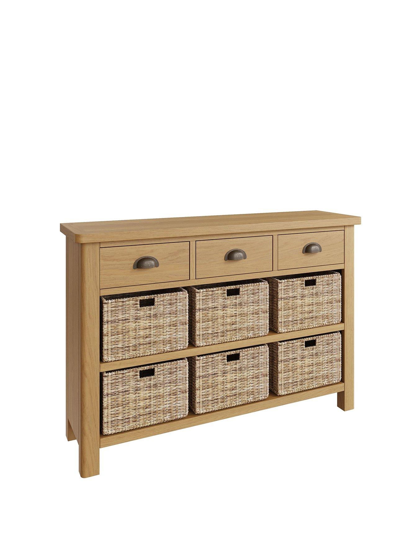 Oak sideboard deals with wicker baskets