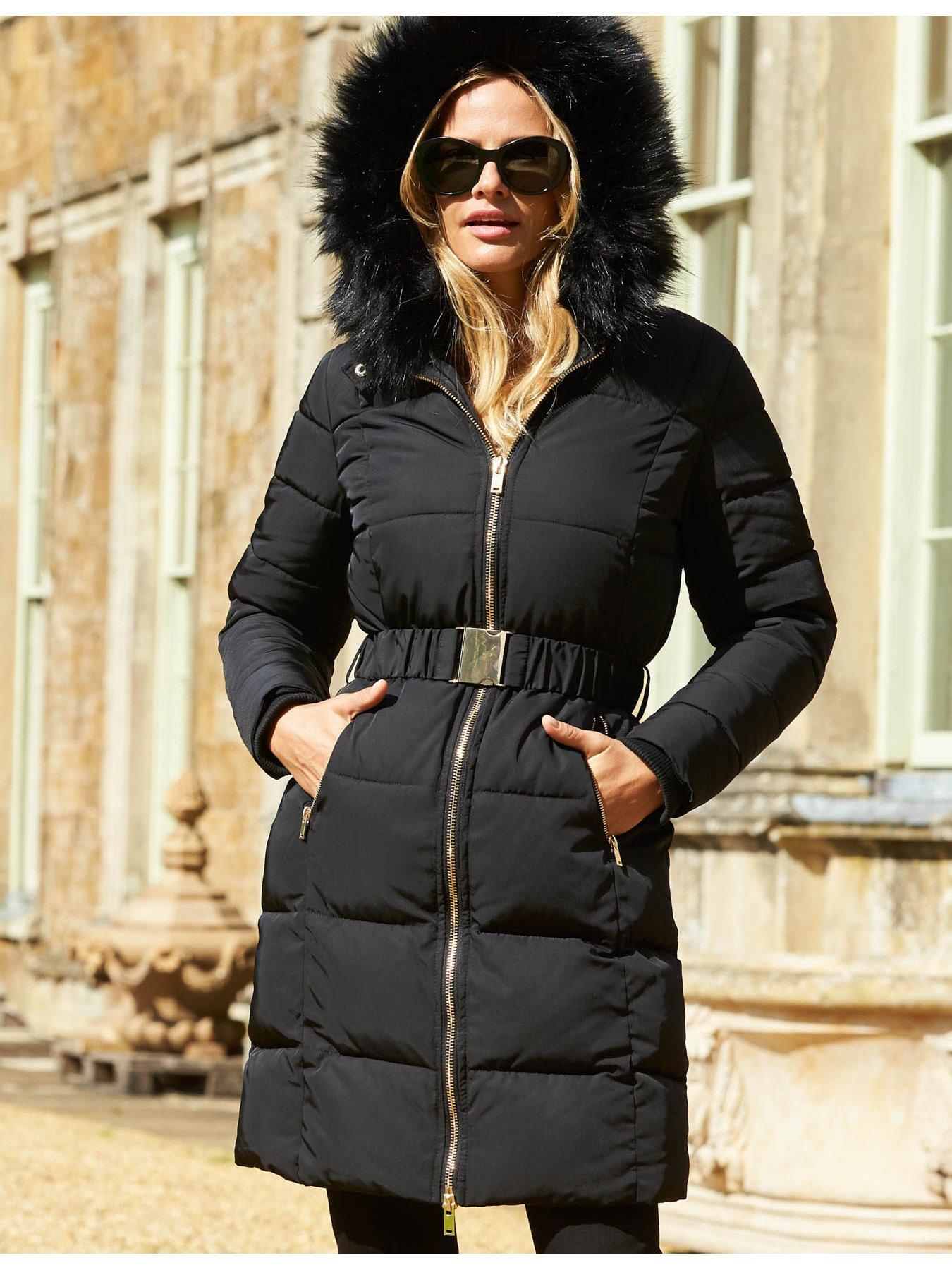 Sosandar Faux Fur Trim Luxe Longline Padded Coat Black Uk