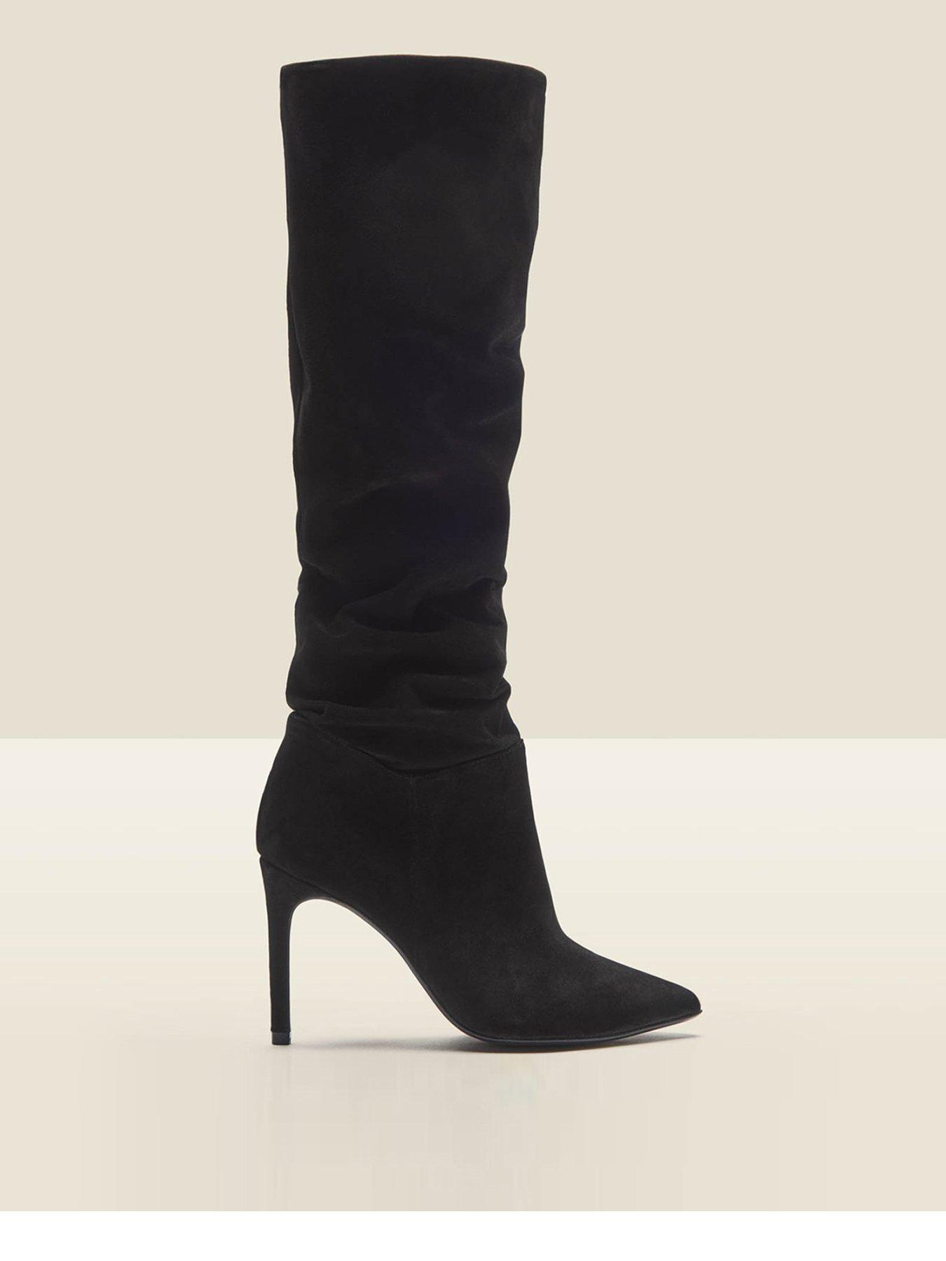 black suede heeled slouch boots