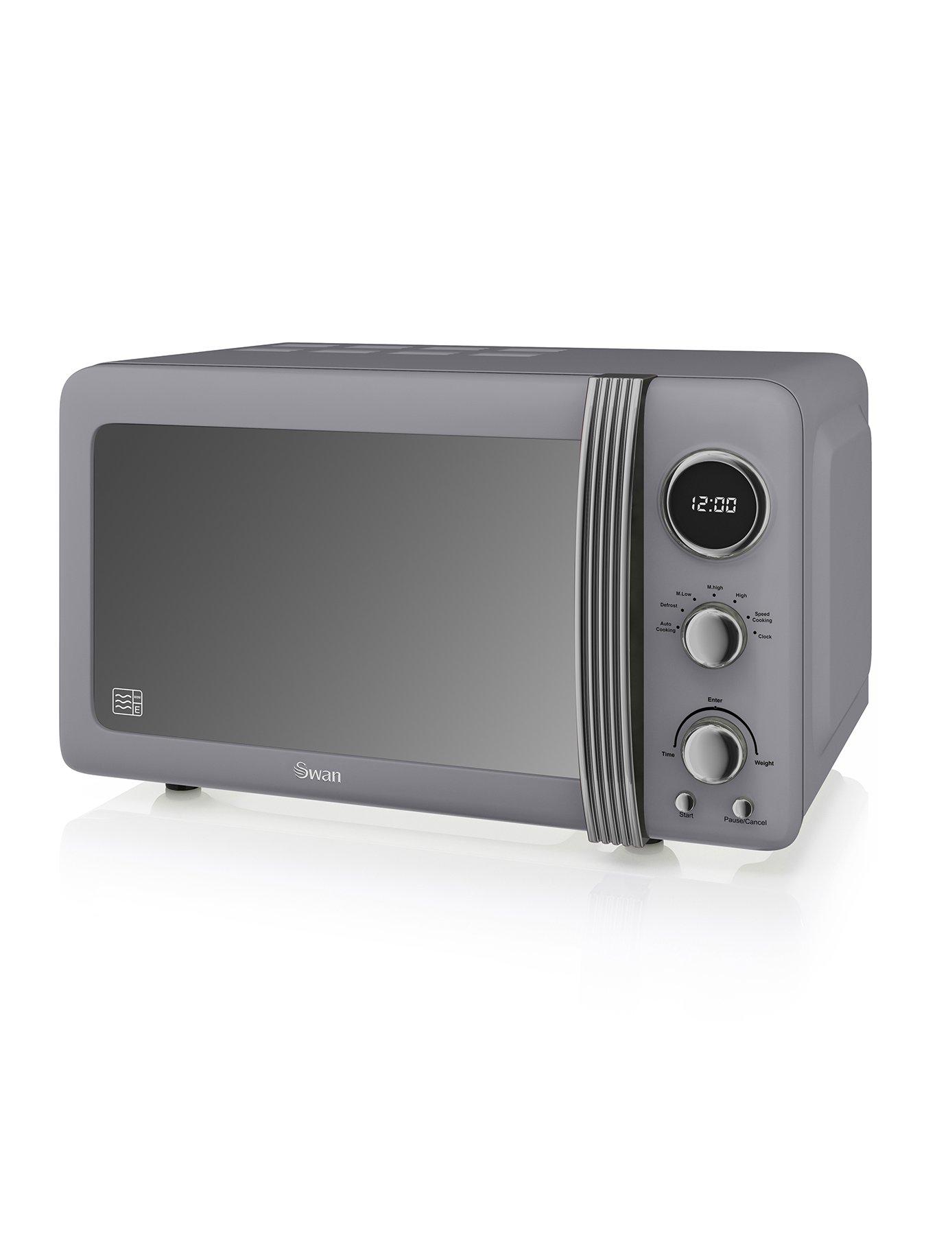 Product photograph of Swan Sm22030lgrn Retro Led Digital Microwave With Glass Turntable 5 Power Levels Amp Defrost Setting 20l 800w Grey from very.co.uk
