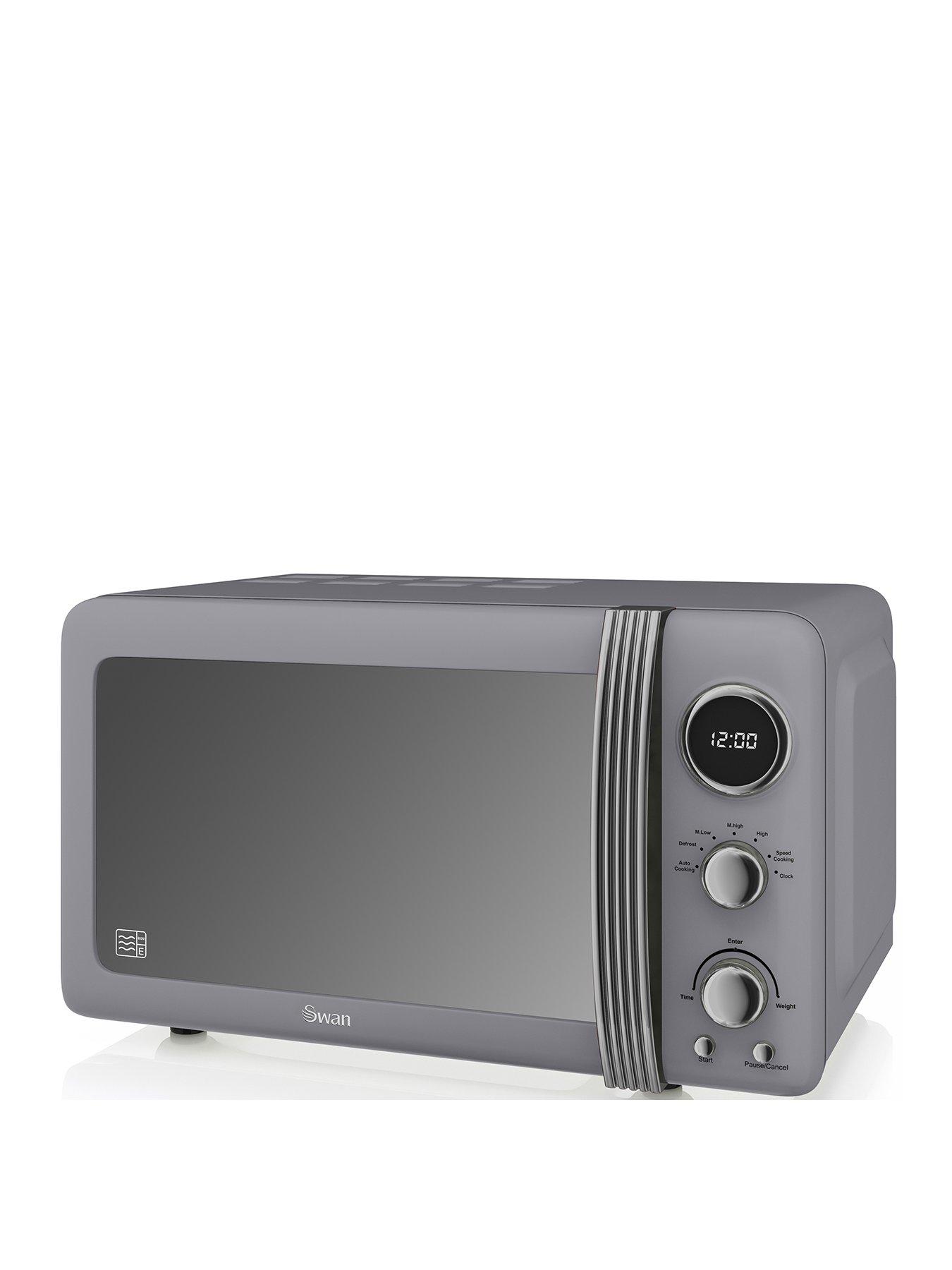 Product photograph of Swan Sm22030lgrn Retro Led Digital Microwave With Glass Turntable 5 Power Levels Amp Defrost Setting 20l 800w Grey from very.co.uk