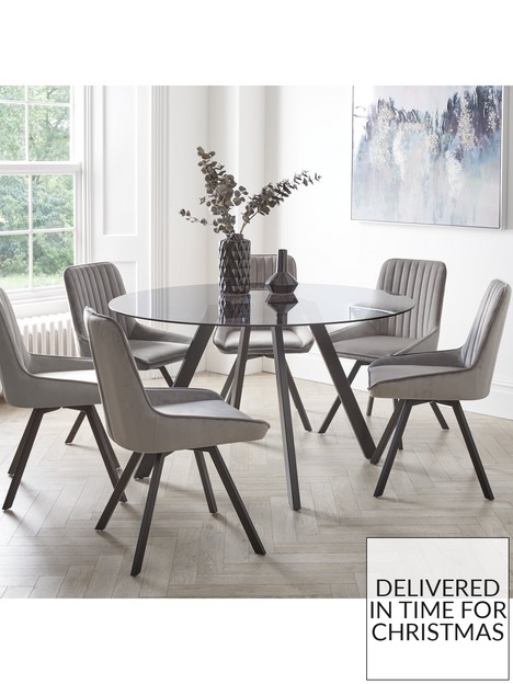 very-home-triplo-130-cm-round-glass-top-dining-table-6-chairs-blackgrey