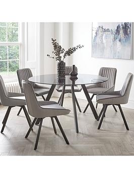 Product photograph of Very Home Triplo 130 Cm Round Glass Top Dining Table 6 Chairs - Black Grey from very.co.uk