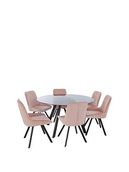 Product photograph of Very Home Triplo 130 Cm Round Glass Top Dining Table 6 Chairs - Black Pink from very.co.uk