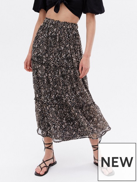 new-look-brown-animal-print-chiffon-ruffle-tiered-midi-skirt