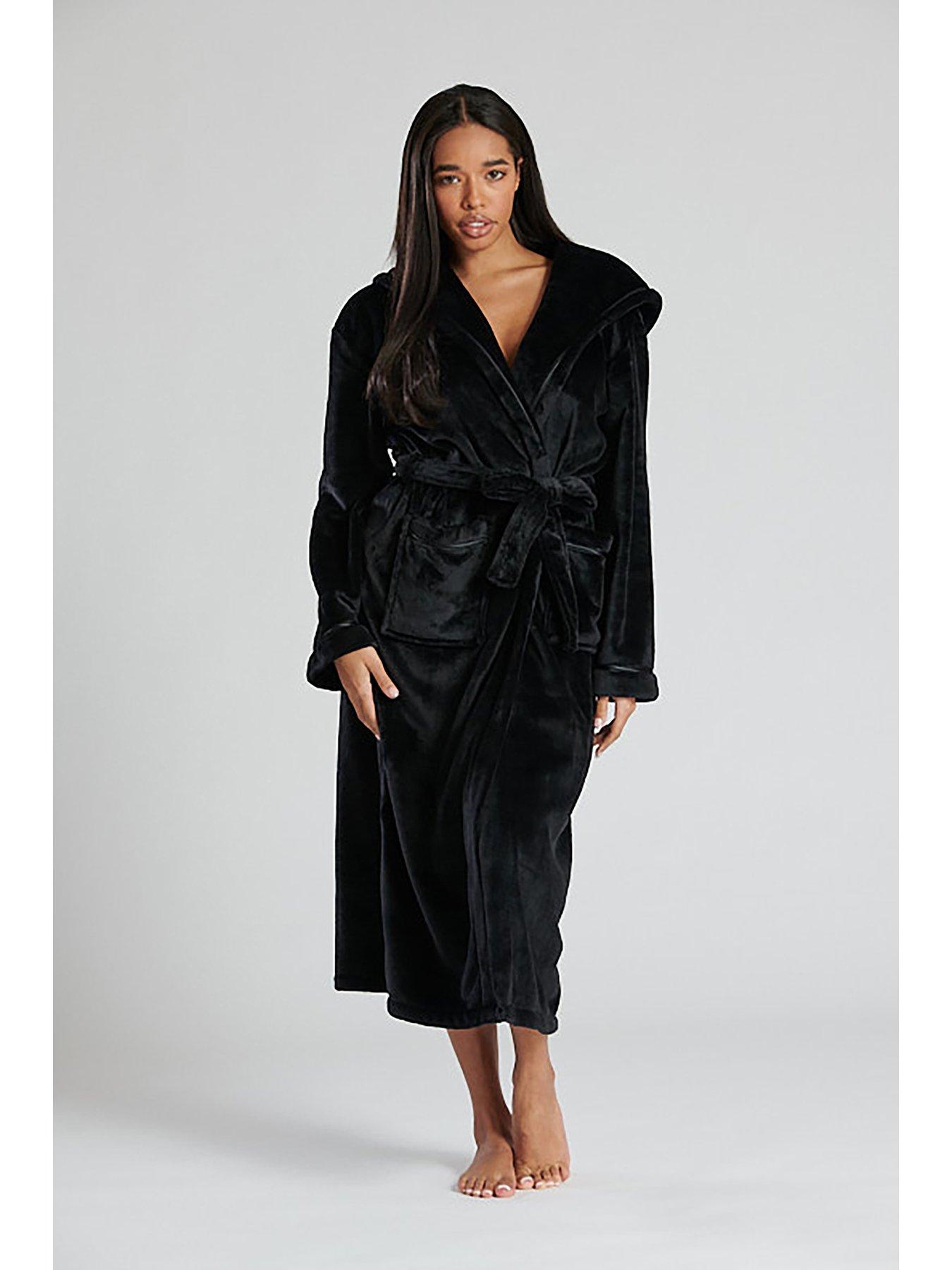 Luxury Flannel Fleece Satin Trim Hooded Maxi Robe - Black