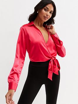 New Look Bright Pink Satin Wrap Tie Side Shirt