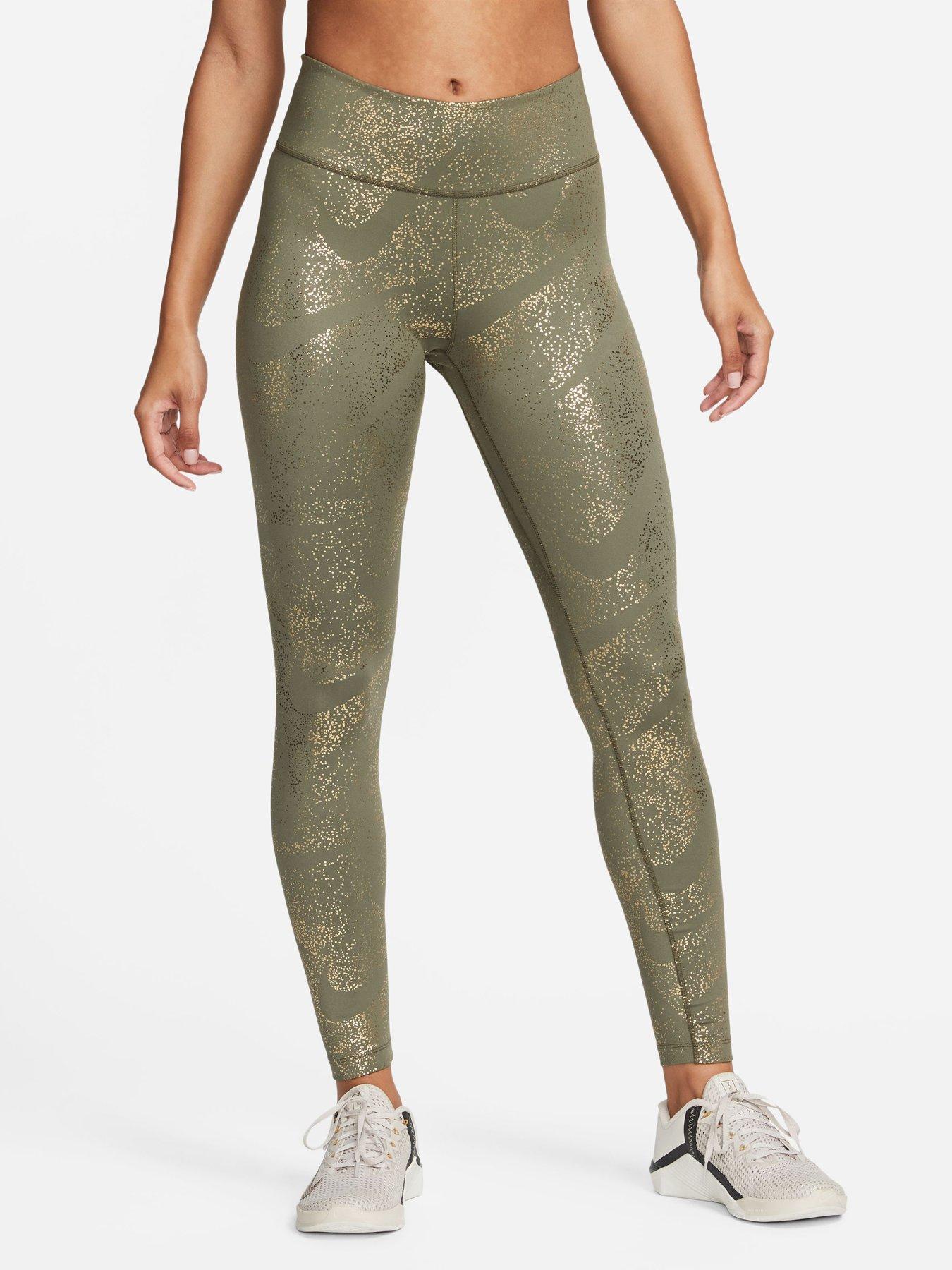 Nike One Women's Black Gold Glitter Mid R Printed Leggings (DX6389