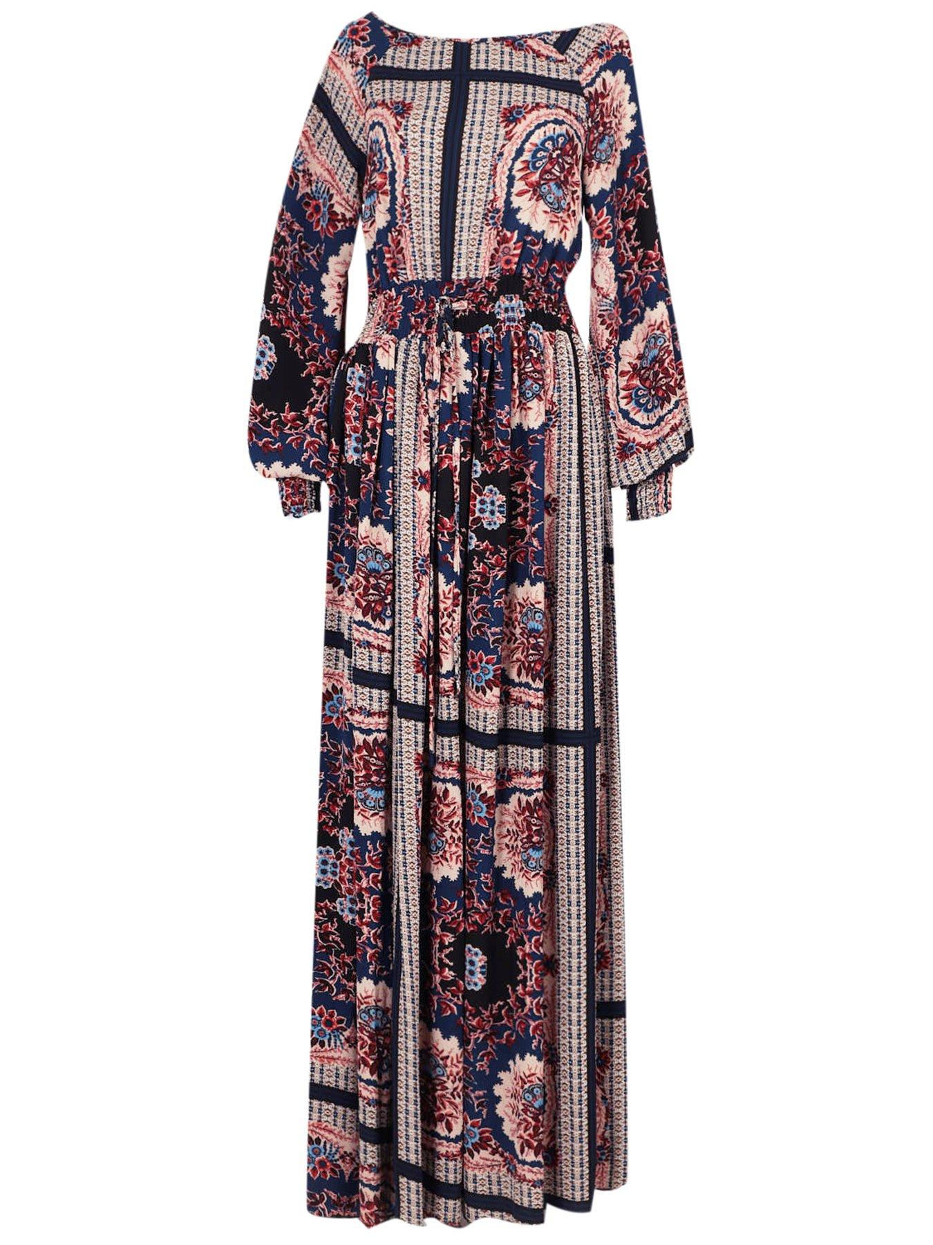 shirred waist scarf print maxi dress